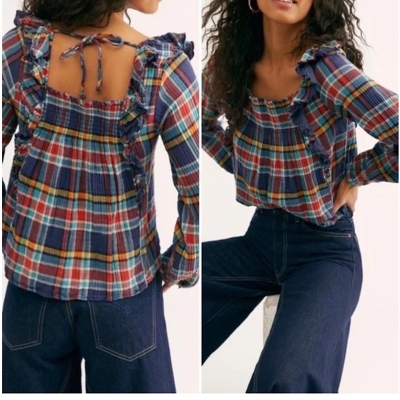Free People We the Free Sienna Plaid Navy Ruffle Top Size Small - Picture 1 of 10